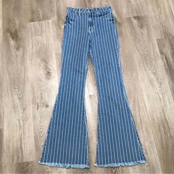 Cello Bell Bottom Jeans Flare Blue White Stripe Size 3 Denim - Picture 2 of 6